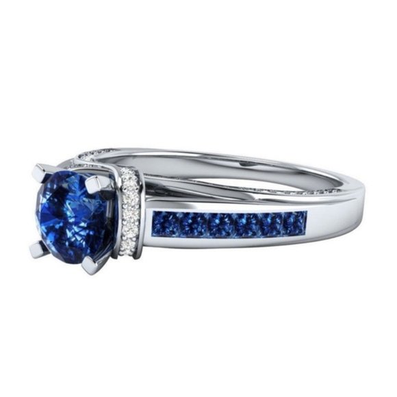 Elegant 925 Silver Ring Round Cut Blue Sapphire - Picture 2 of 4